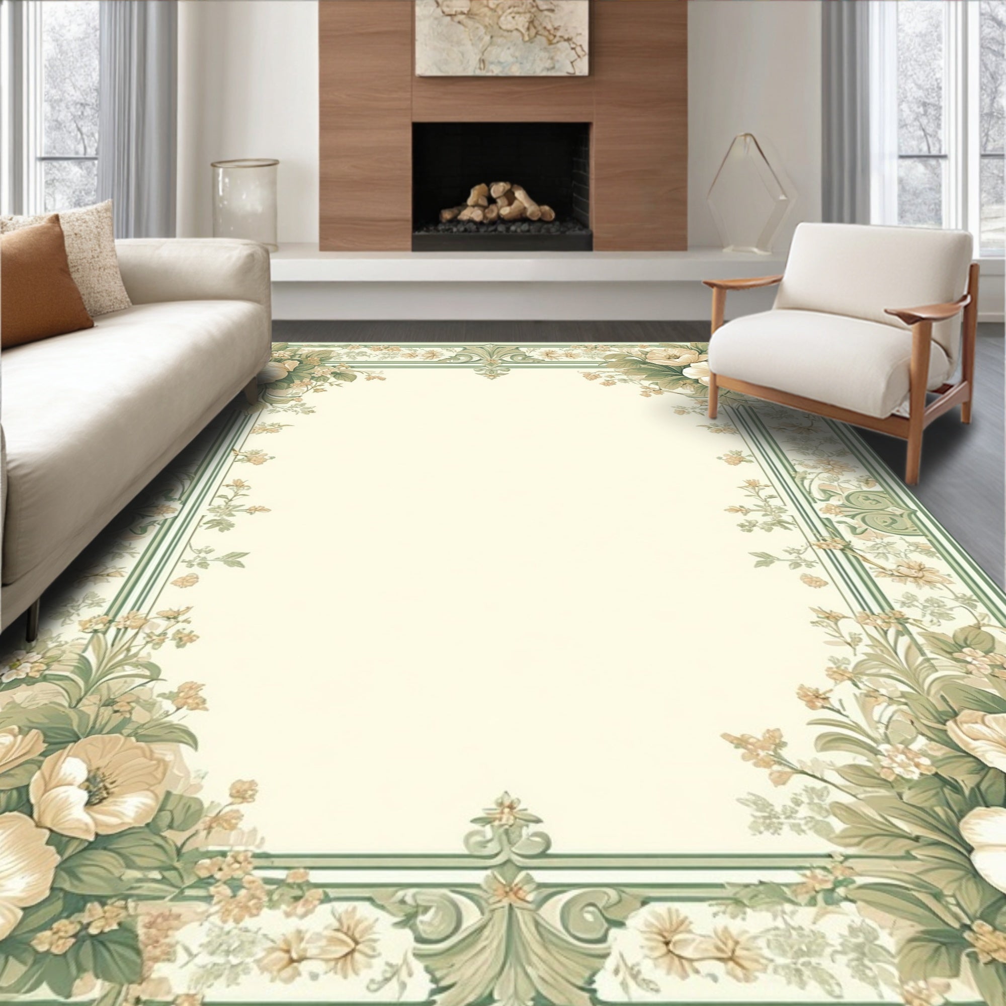 Vintage Floral Bouquet Stripe Border Design Rug