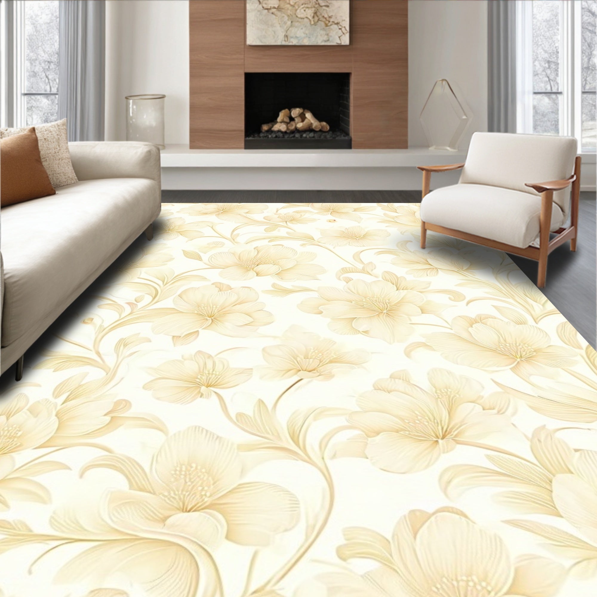 Soft Cream Floral Swirl Pattern Design Rug