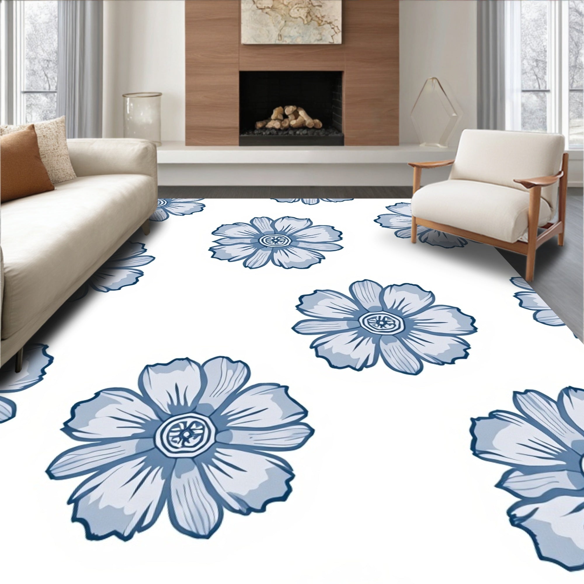 Blue Floral Pattern with Outline Rug