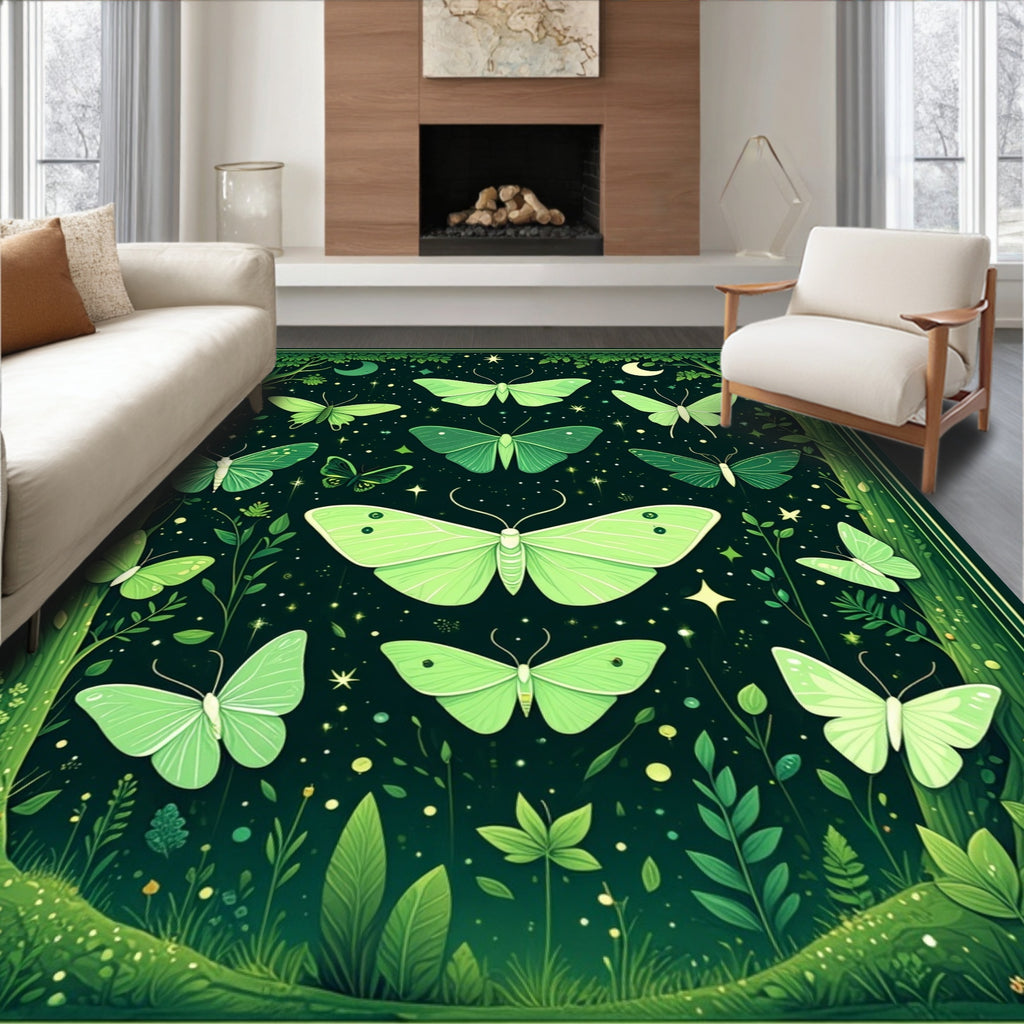 Green Moths Stars Forest Night Rug