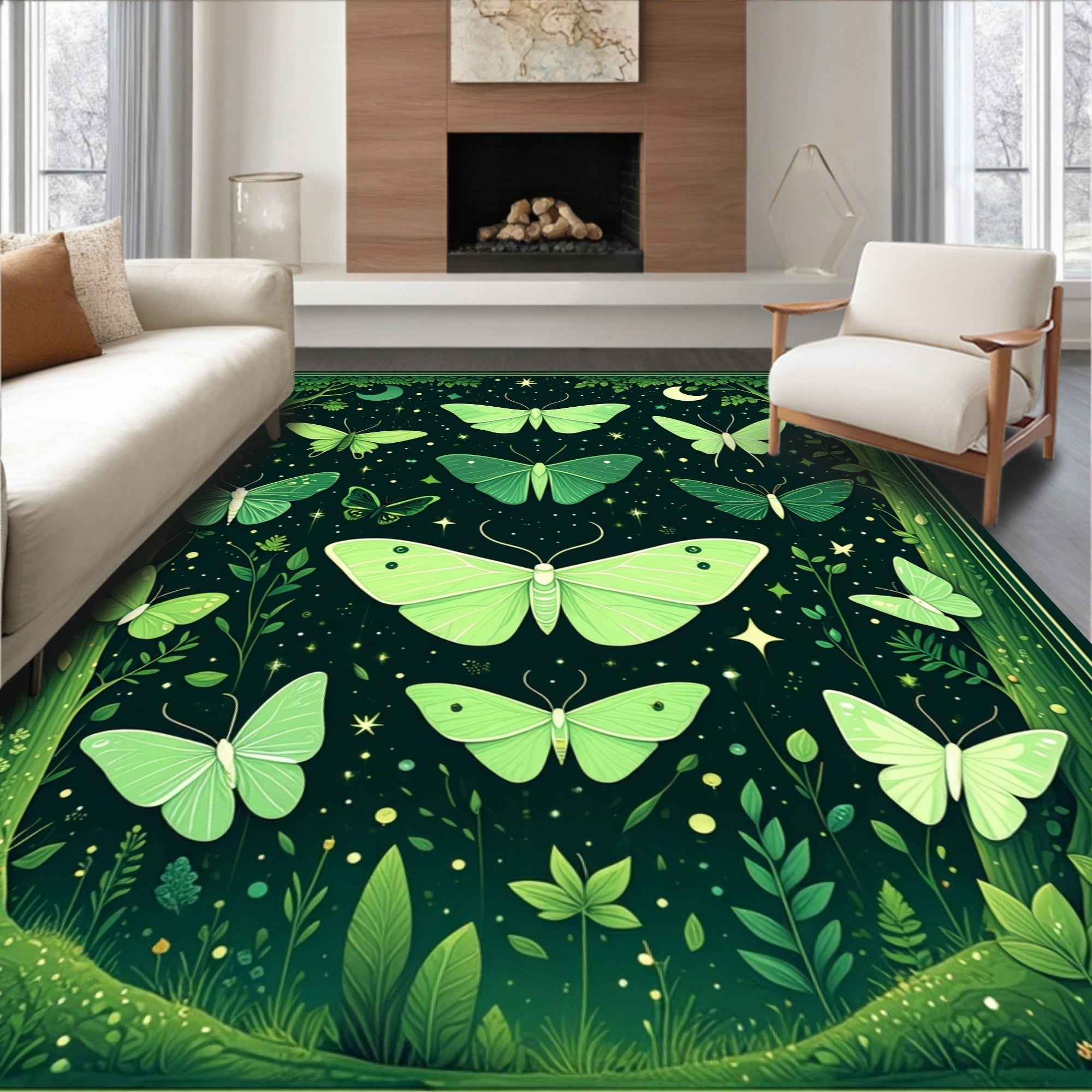 Green Moths Stars Forest Night Rug