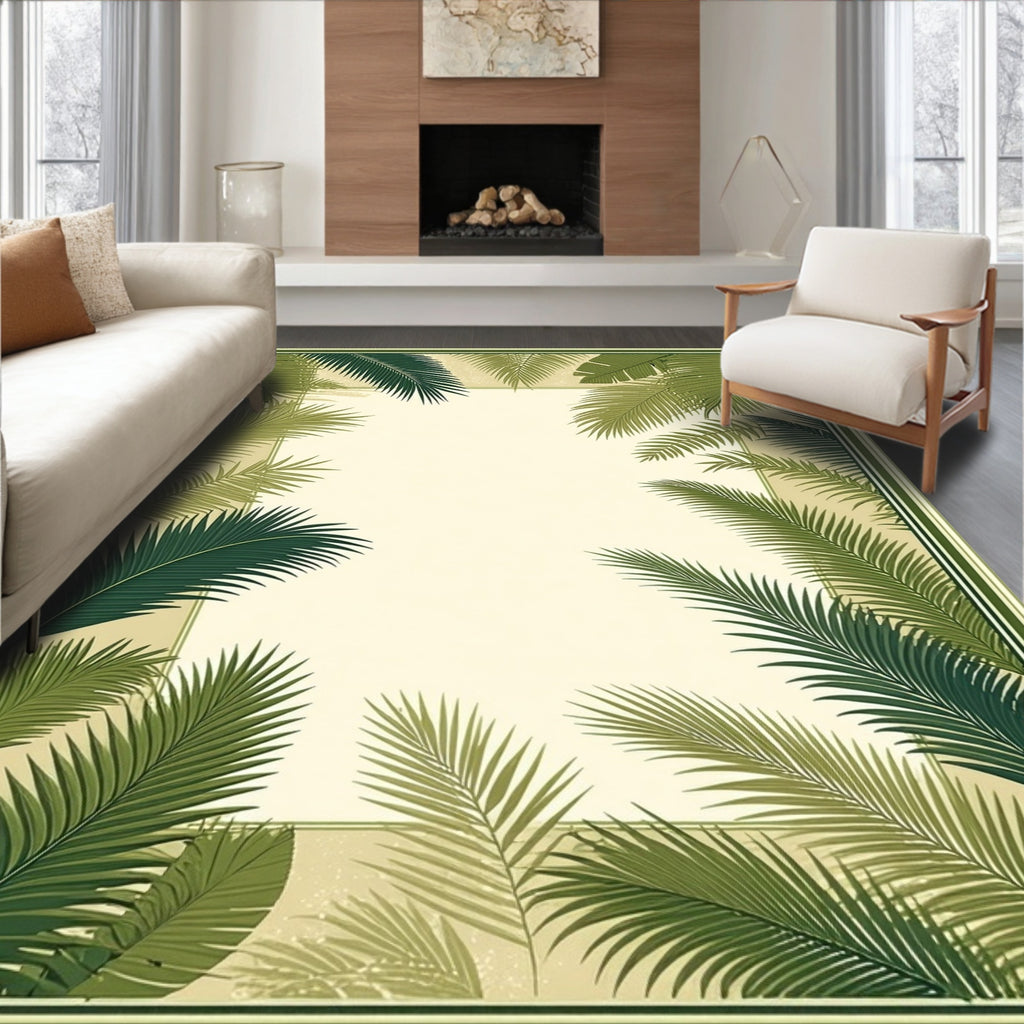 Tropical Green Palm Leaf Border Design Rug