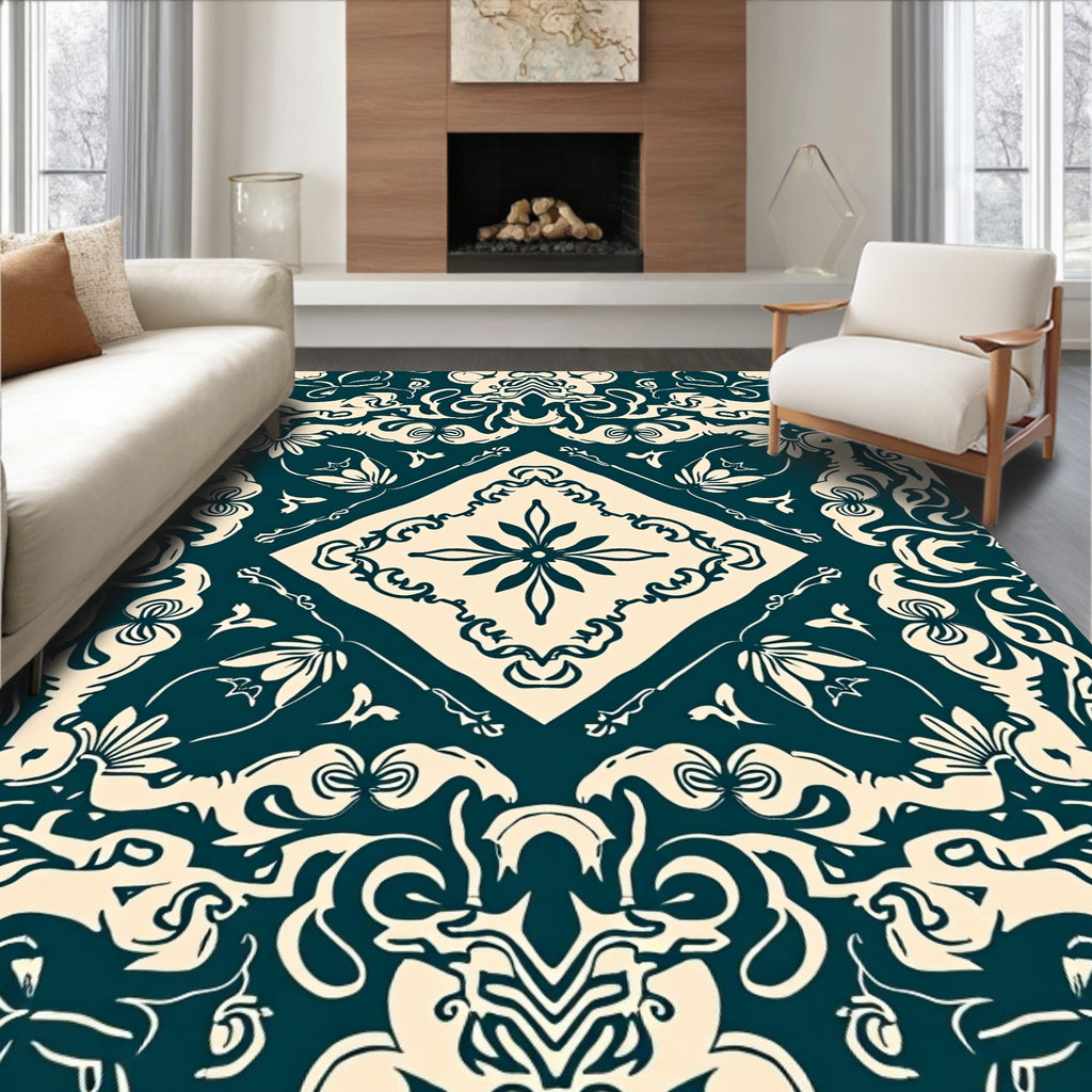 Ornate Floral Damask Scroll Rug