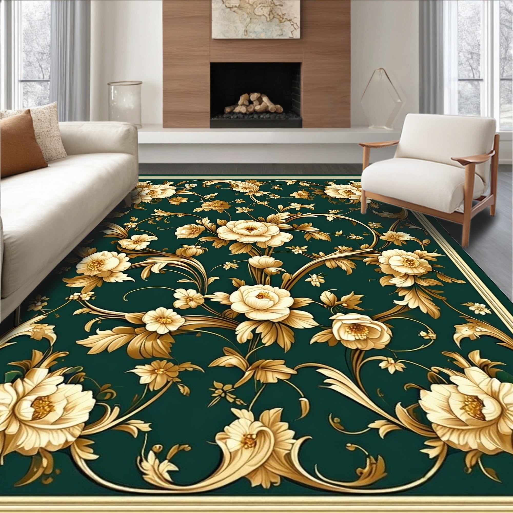 Elegant Gold Floral Vine Pattern Rug