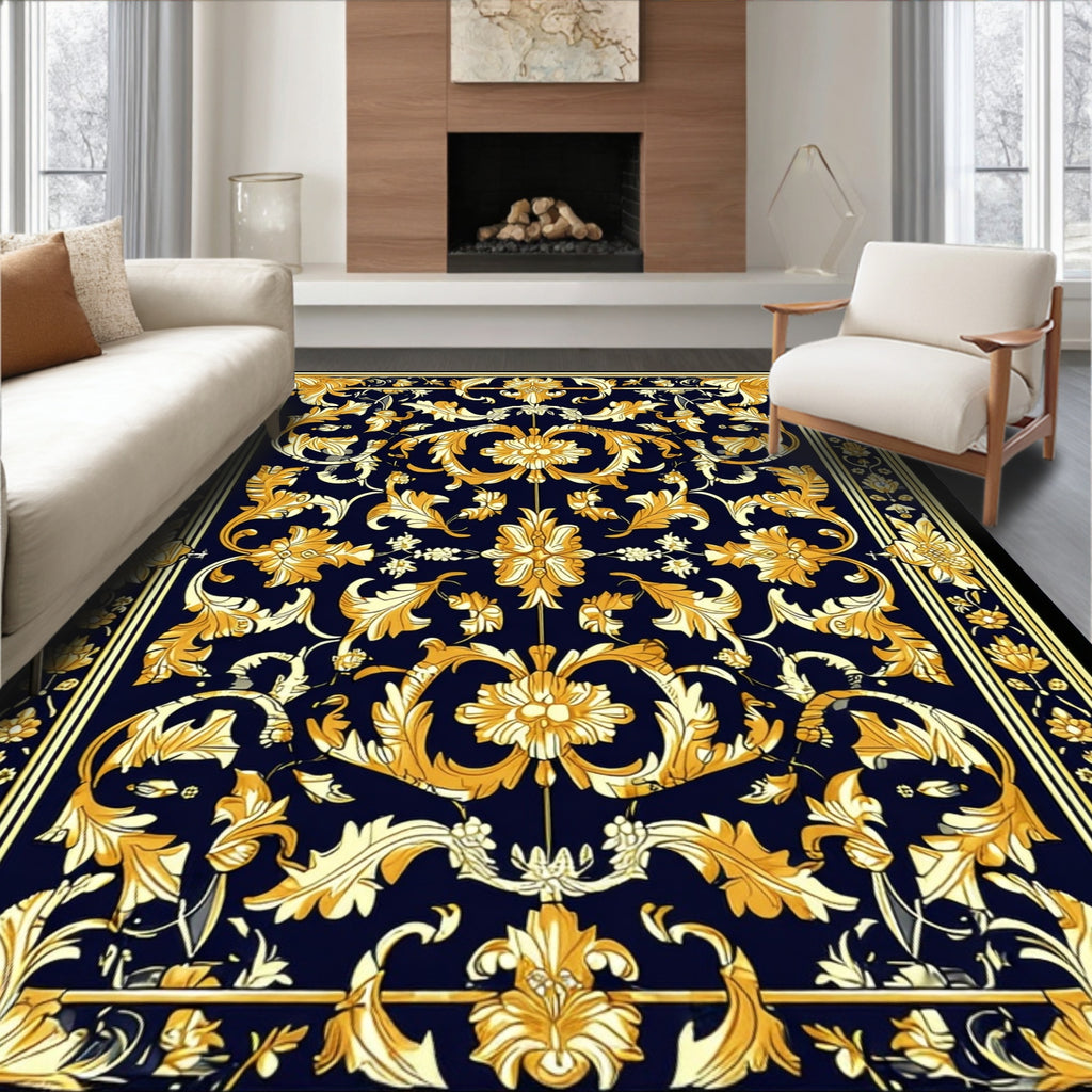 Ornate Gold Leaf Floral Design Rug