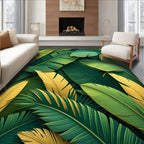 Tropical Leaf Patterned Green Gold Rug