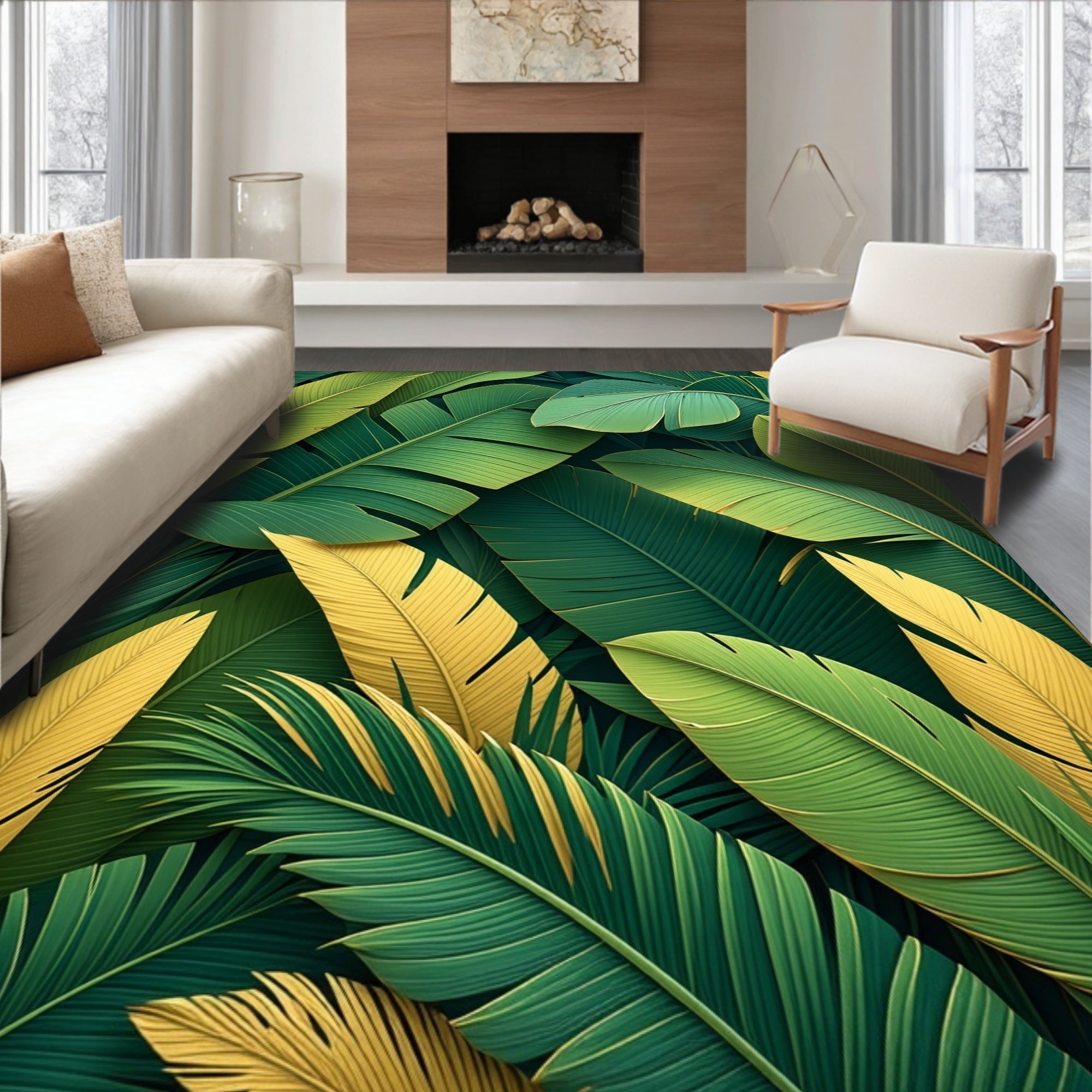 Tropical Leaf Patterned Green Gold Rug