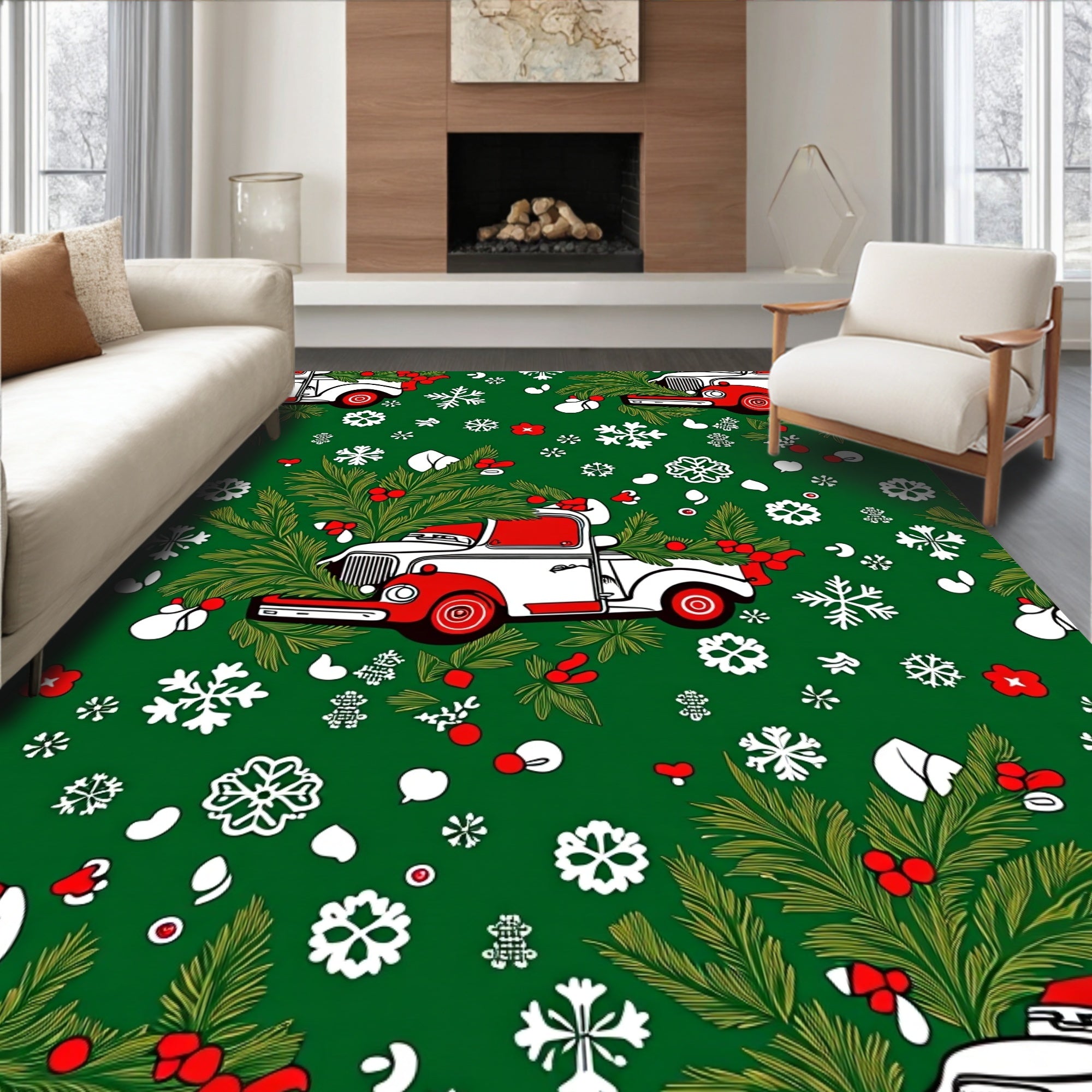 Christmas Truck Pine Holly Snowflakes Rug