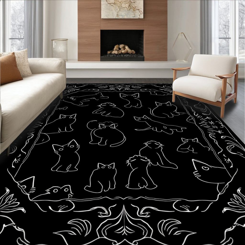 Whimsical Cat Illustrations In Black White Rug