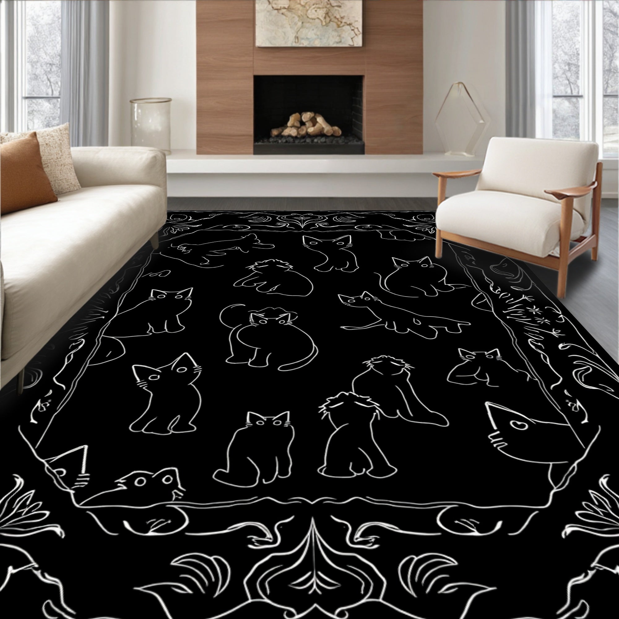 Whimsical Cat Illustrations In Black White Rug