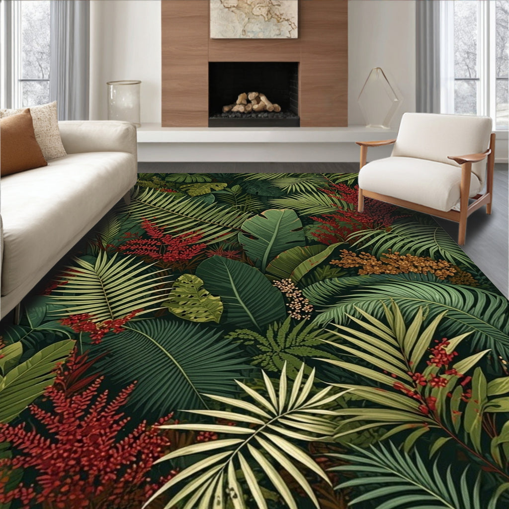 Lush Deep Jungle Leaf Pattern Rug