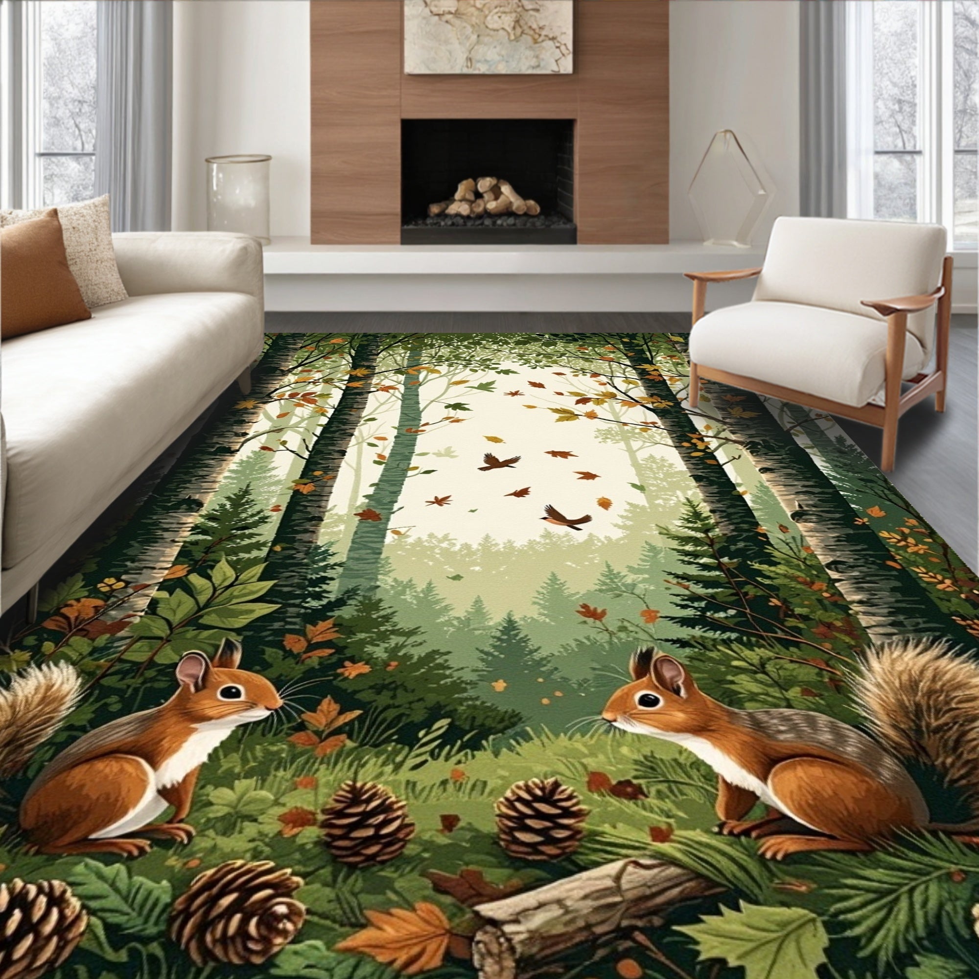 Forest Scene With Squirrels Bird Design Rug