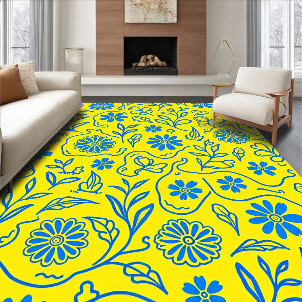 Bright Blue Floral Leafy Pattern Rug