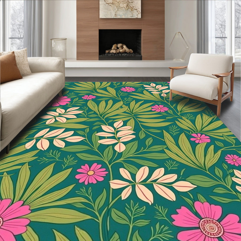 Vibrant Pink Floral Vine Pattern Rug