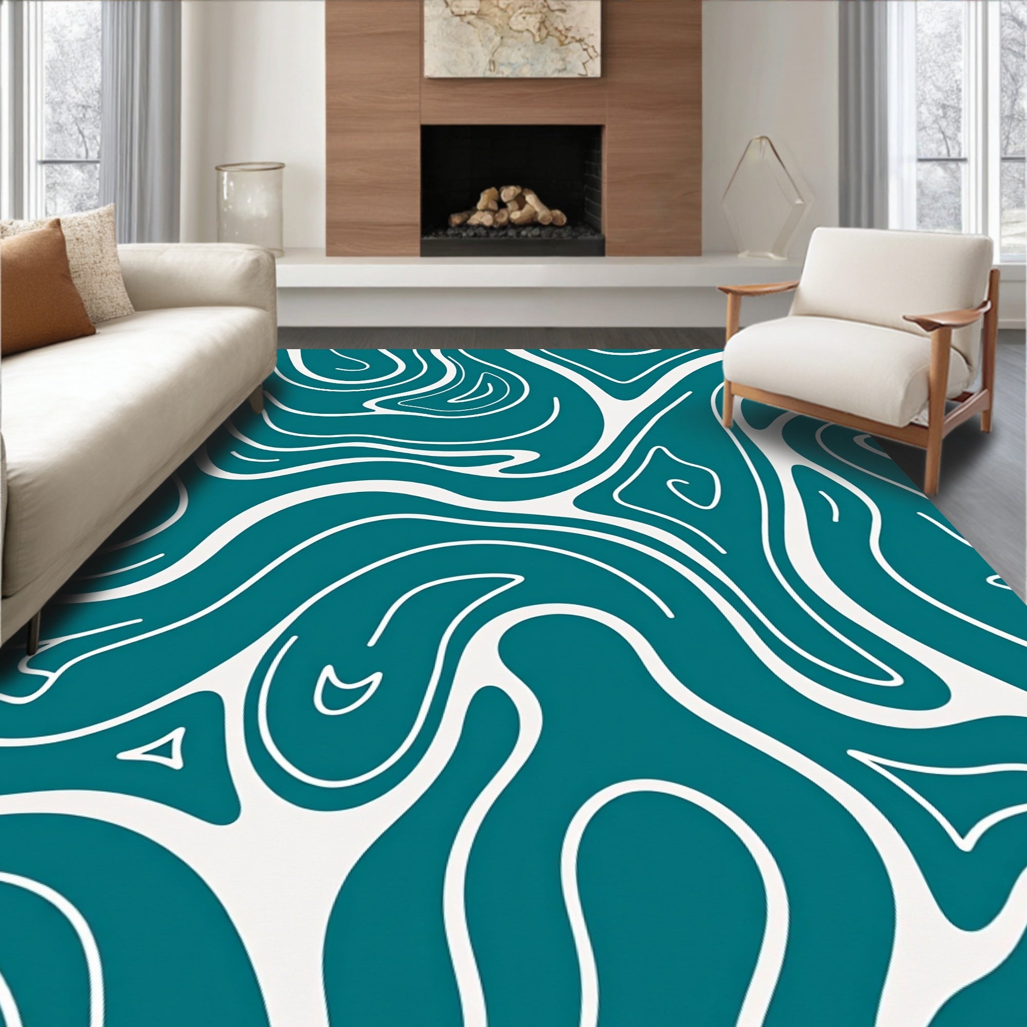 Teal Cream Swirl Flow Rug