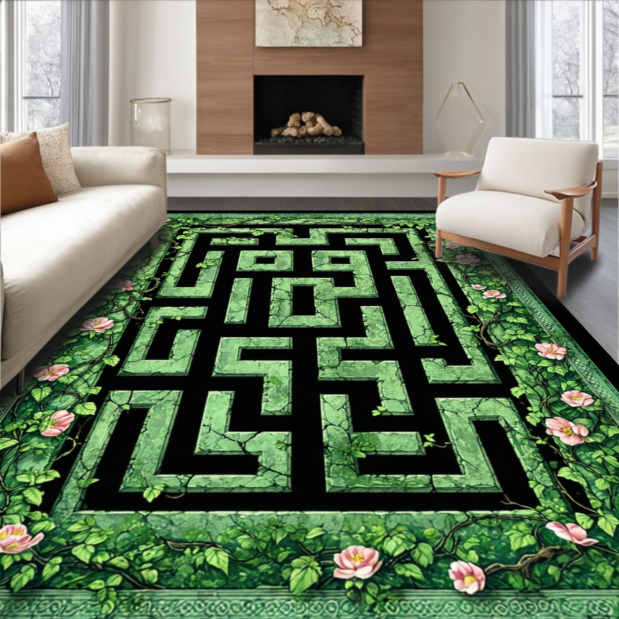 Green Maze With Pink Floral Vines Rug