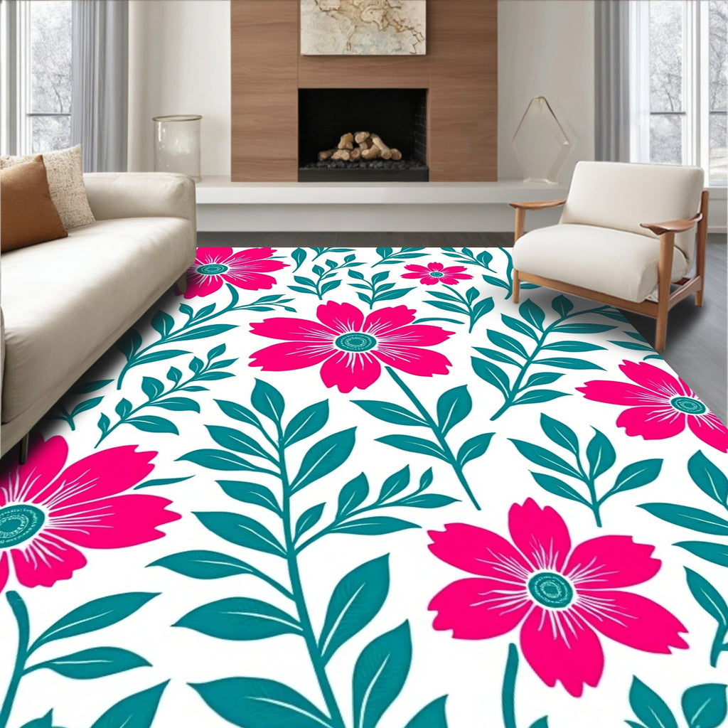 Bold Pink Floral With Teal Leaf Pattern Rug