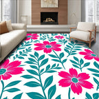 Bold Pink Floral With Teal Leaf Pattern Rug
