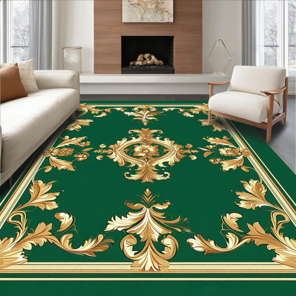 Ornate Gold Floral Green Scroll Design Rug