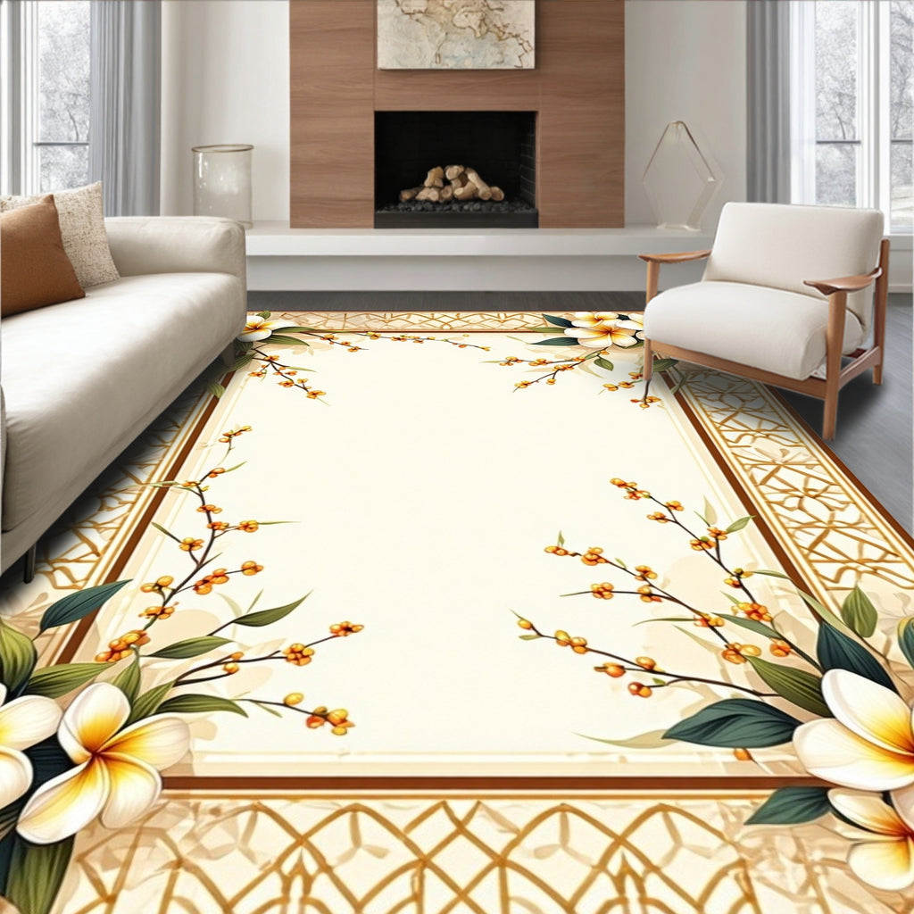 Warm Floral Border With Geometric Accent Rug