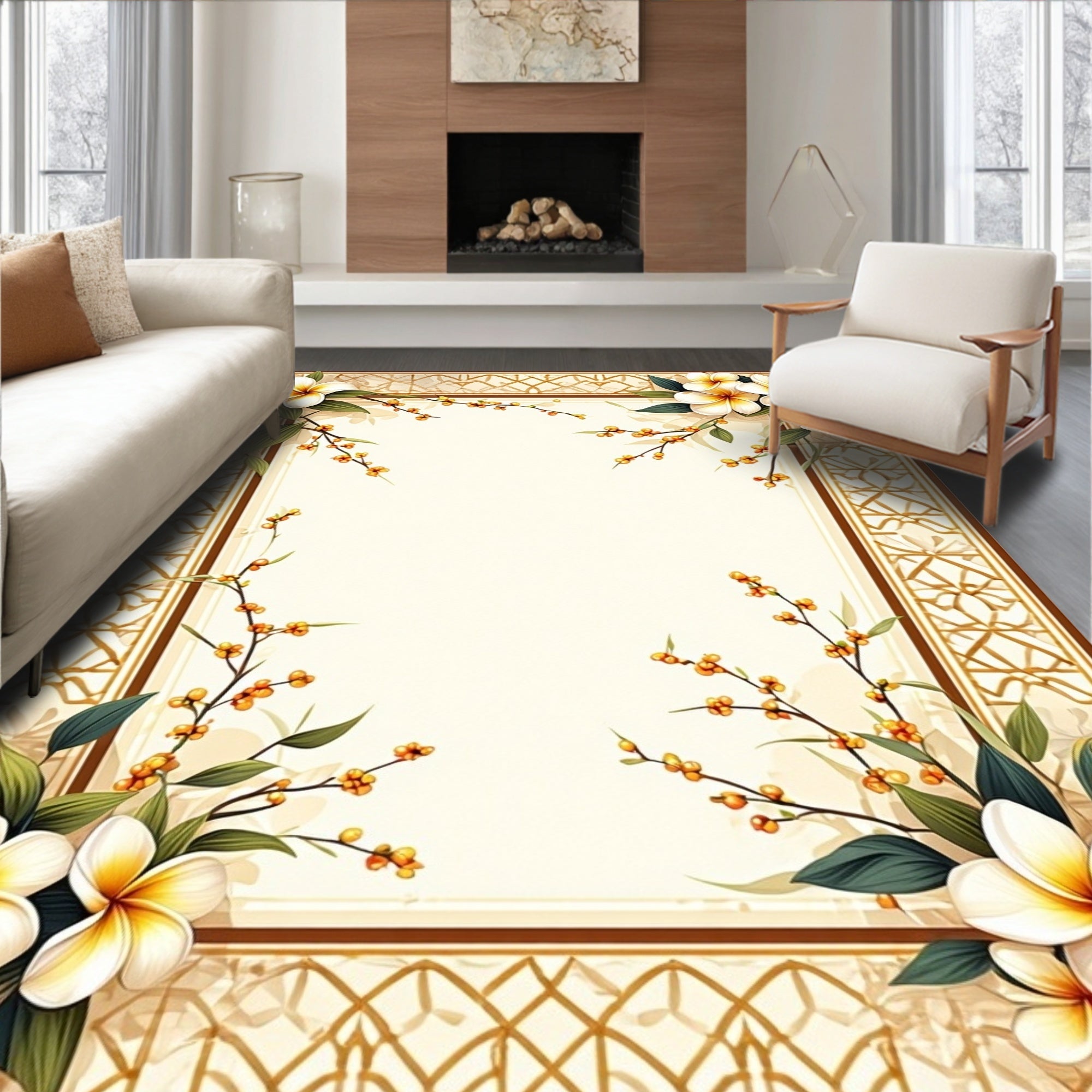 Warm Floral Border With Geometric Accent Rug