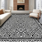 Intricate Black and White Geometric Maze Rug