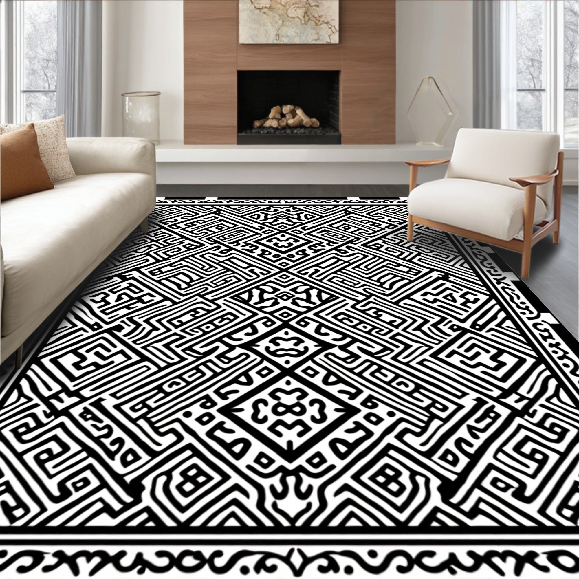 Intricate Black and White Geometric Maze Rug