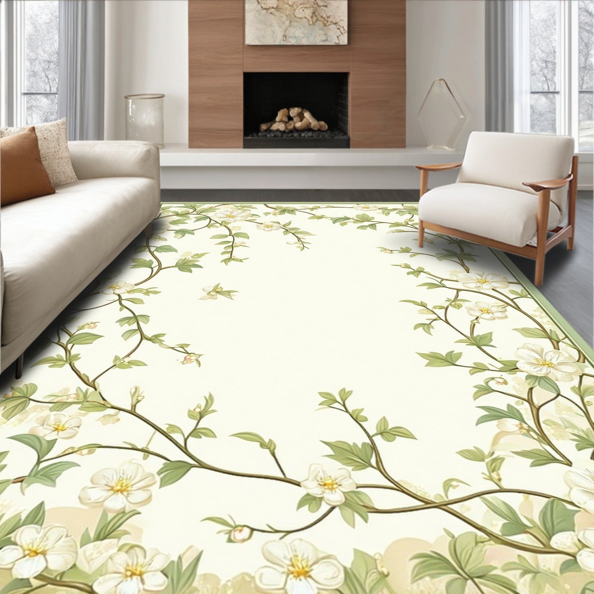 Cream Floral Vine Pattern Rug