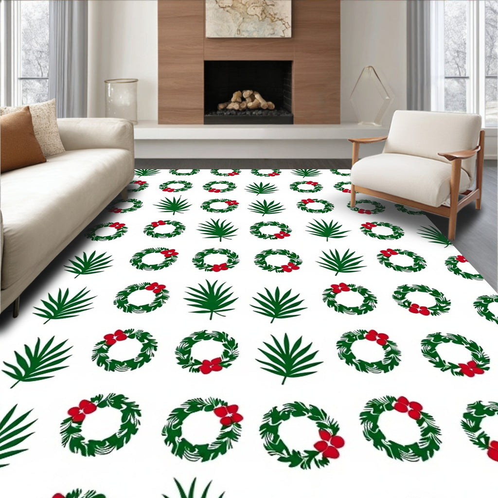 Green Leaf Red Berry Wreath Arrangement Rug