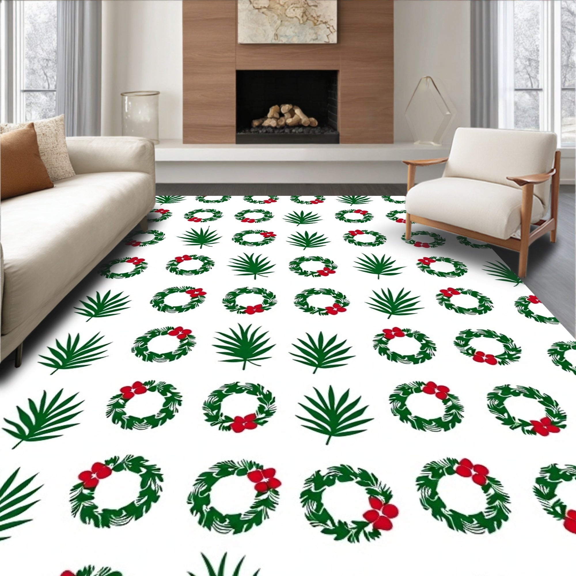 Green Leaf Red Berry Wreath Arrangement Rug