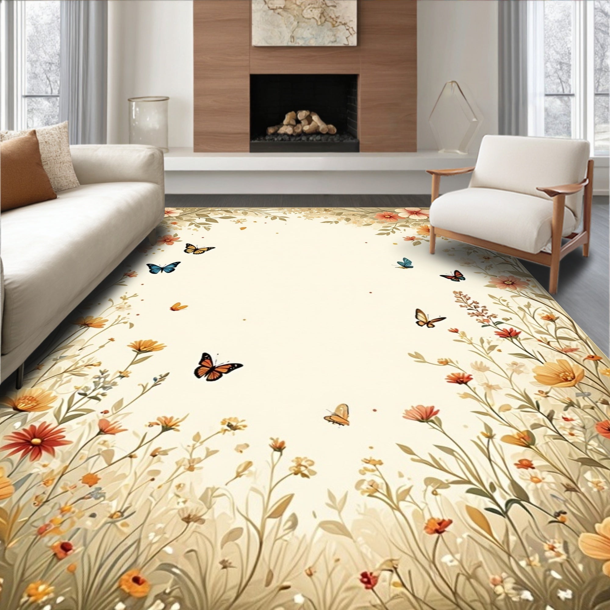 Whimsical Floral Butterfly Meadow Rug