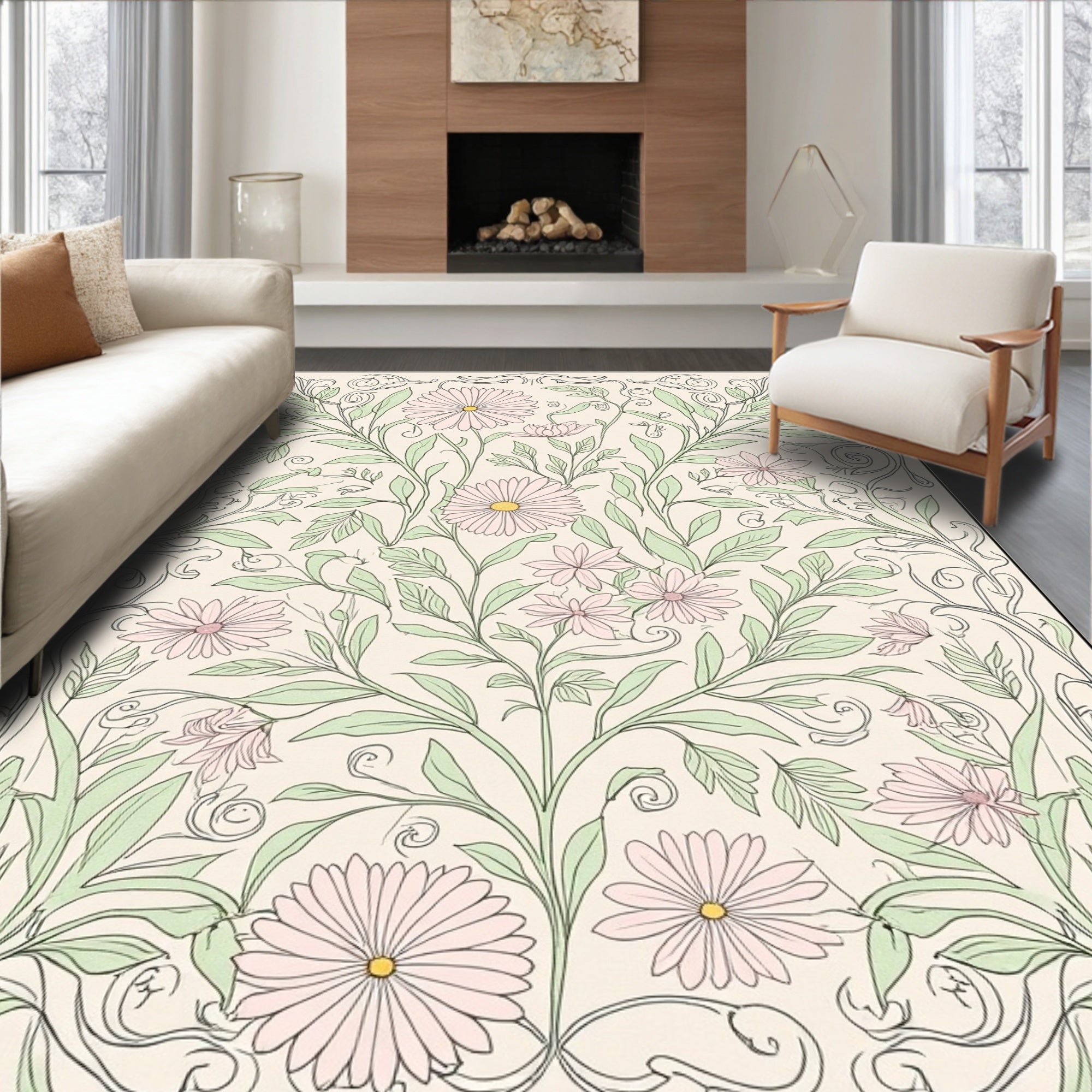 Floral Swirls And Petal Pattern Rug