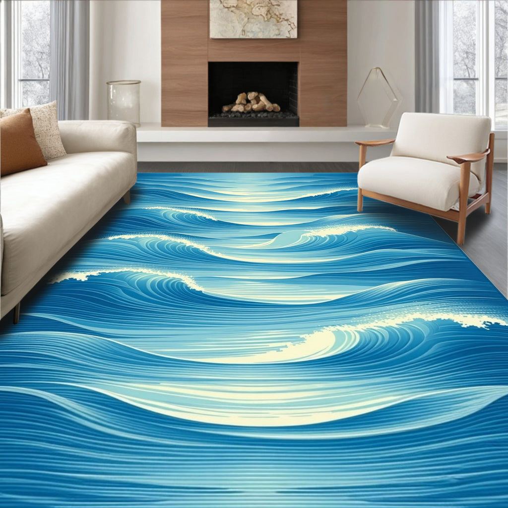 Ocean Waves Blue Abstract Art Rug