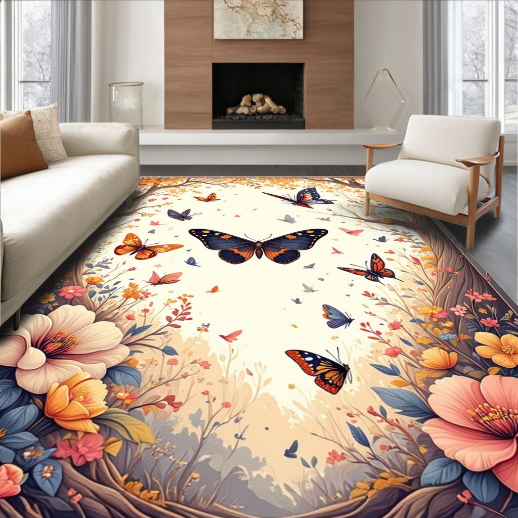 Whimsical Butterfly Garden Floral Pattern Rug