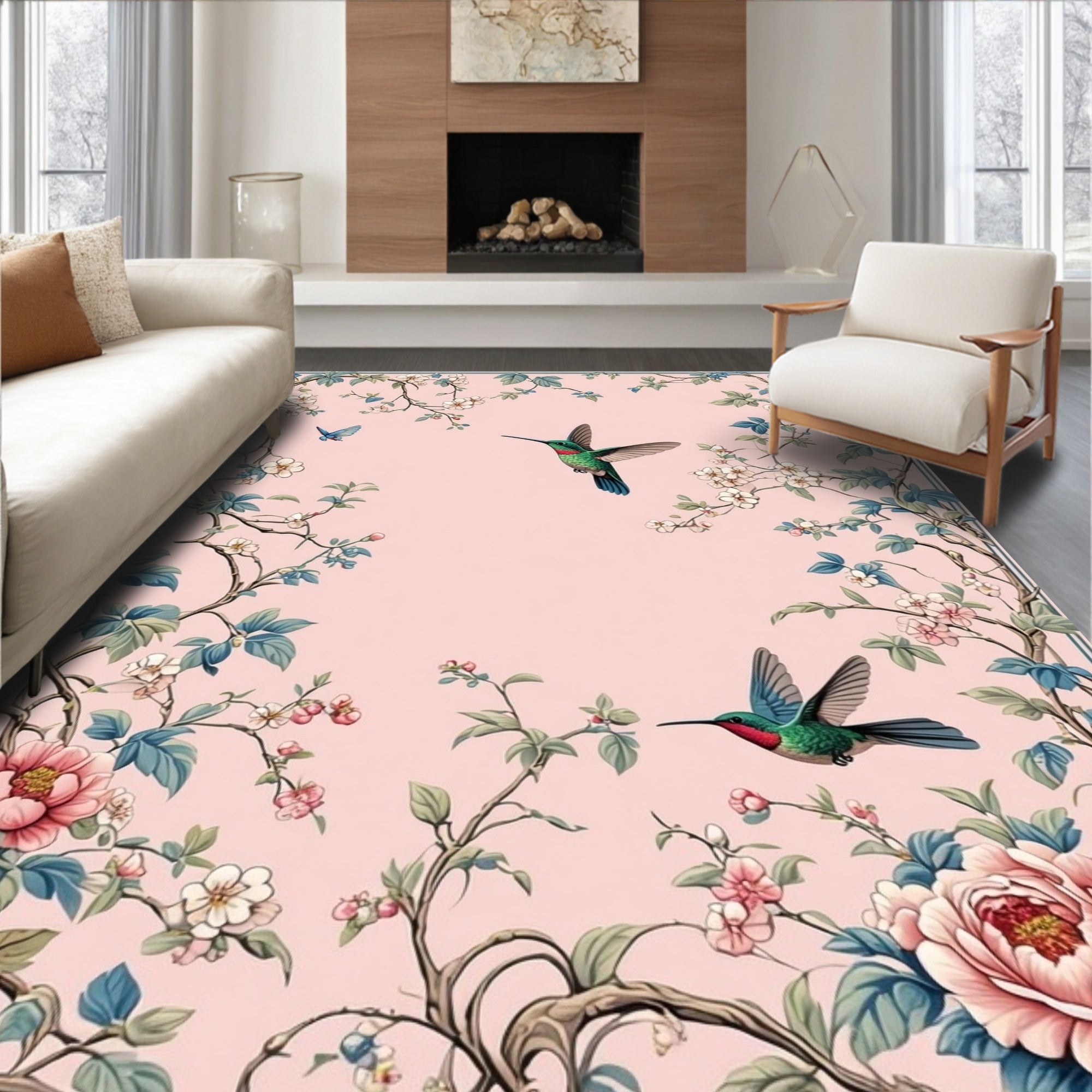 Hummingbird Blossom Delicate Floral Pattern Rug