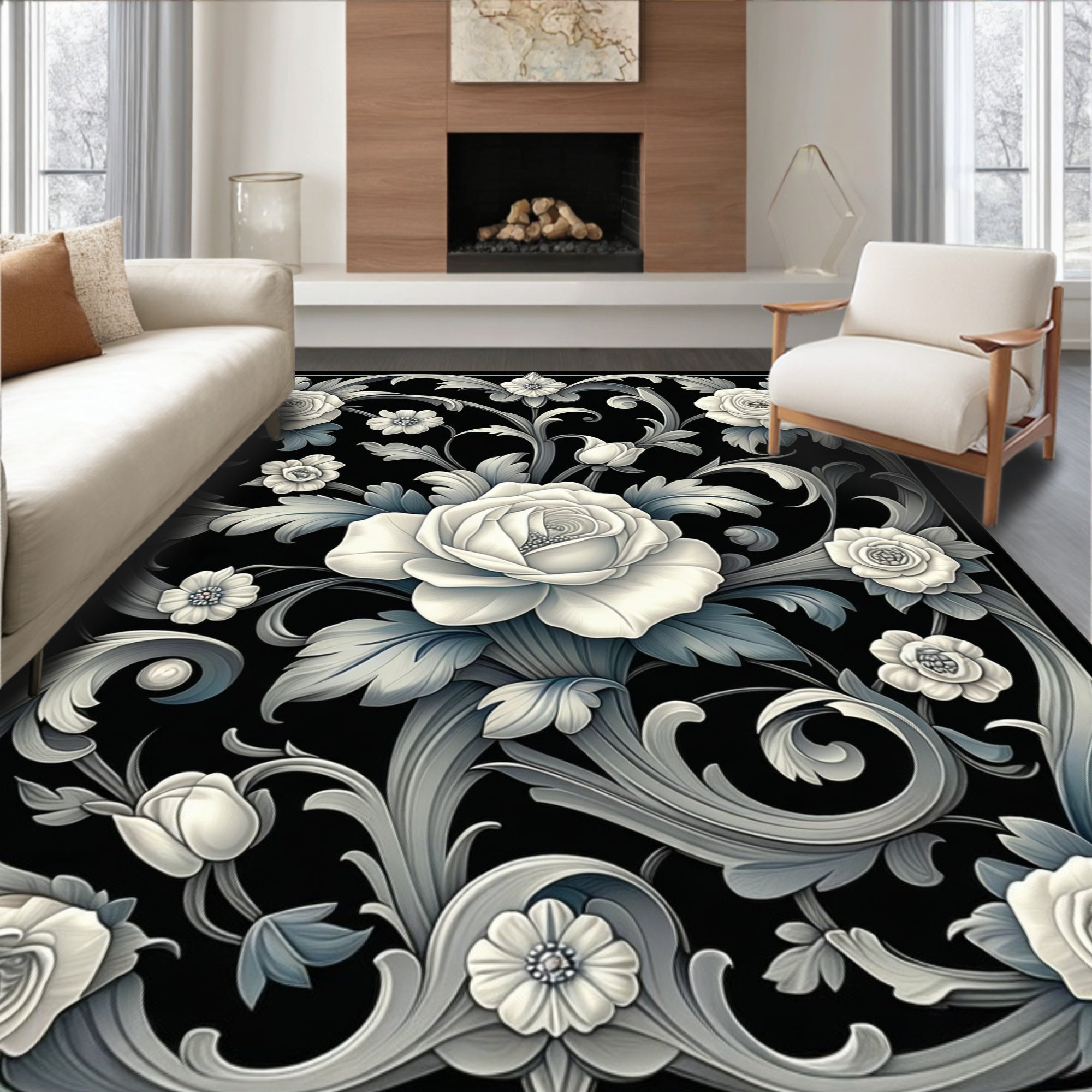 Elegant Floral Swirl Black White Rug