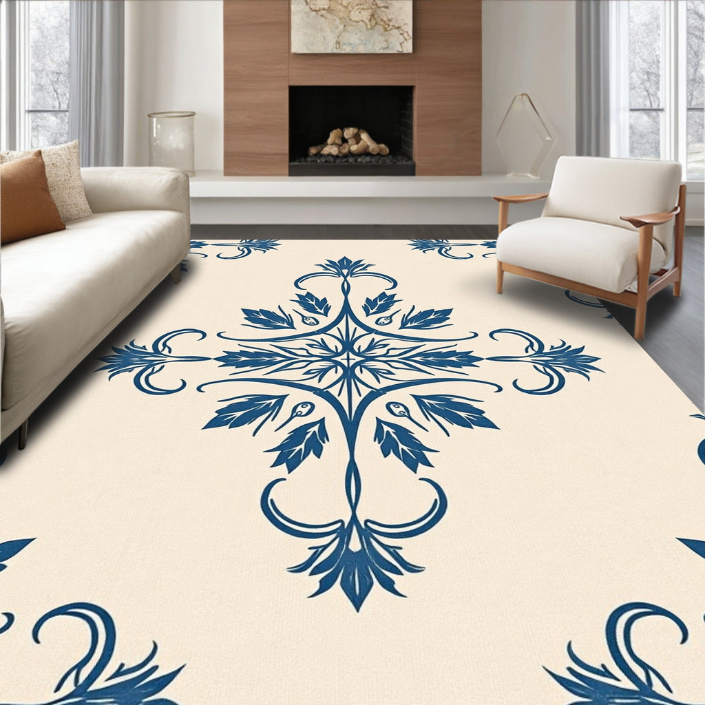 Elegant Blue Floral Damask Pattern Rug