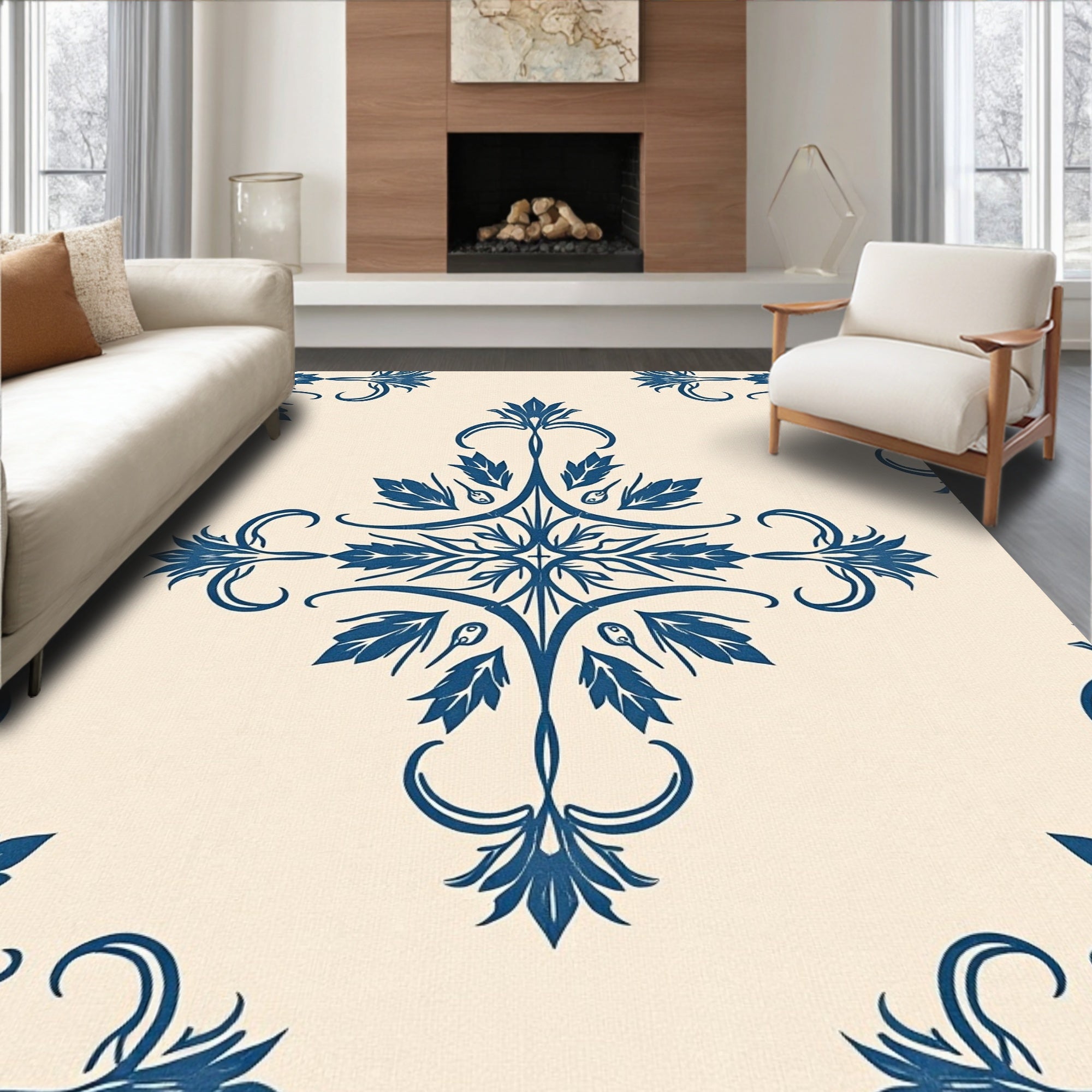 Elegant Blue Floral Damask Pattern Rug