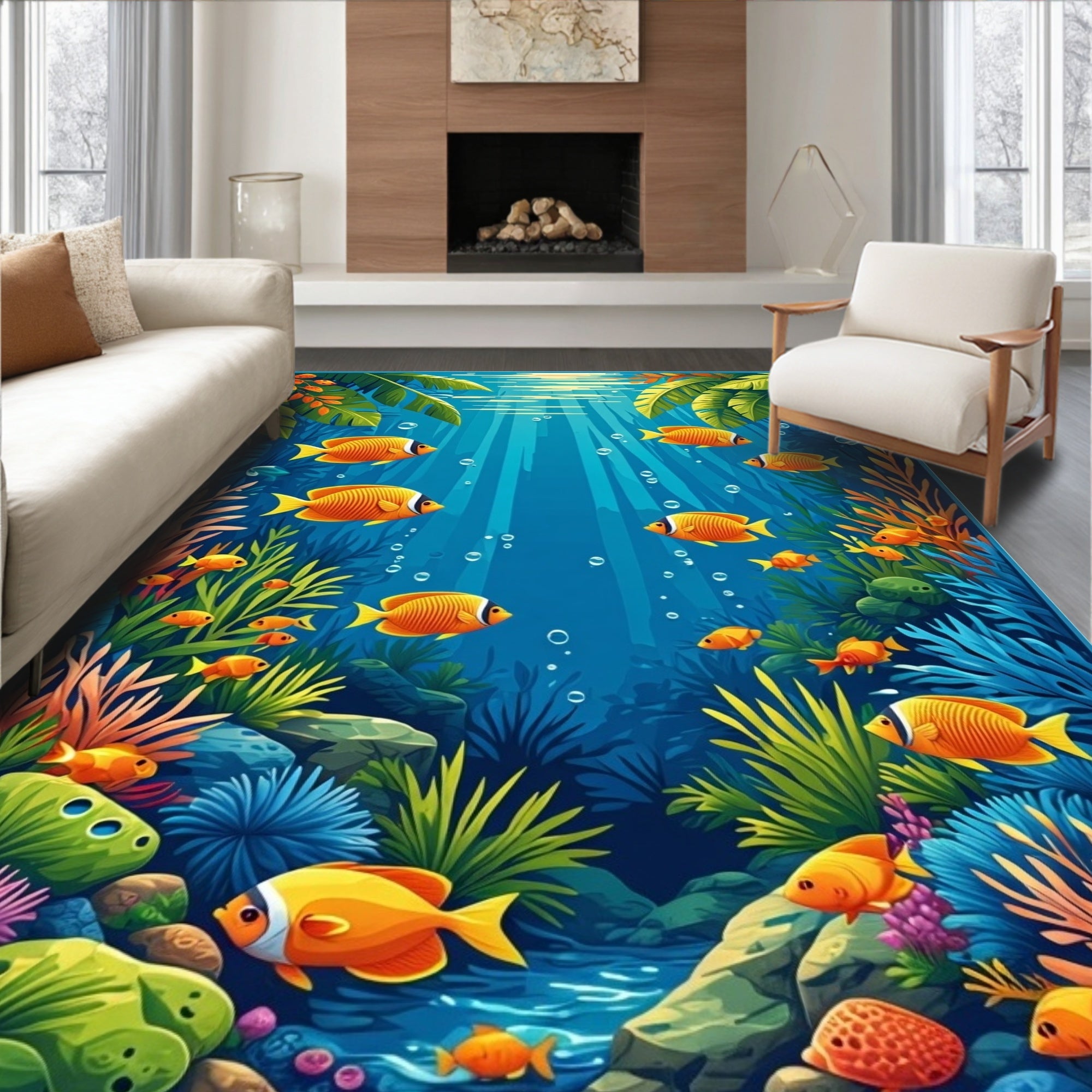 Vibrant Coral Reef Fish Pattern Rug