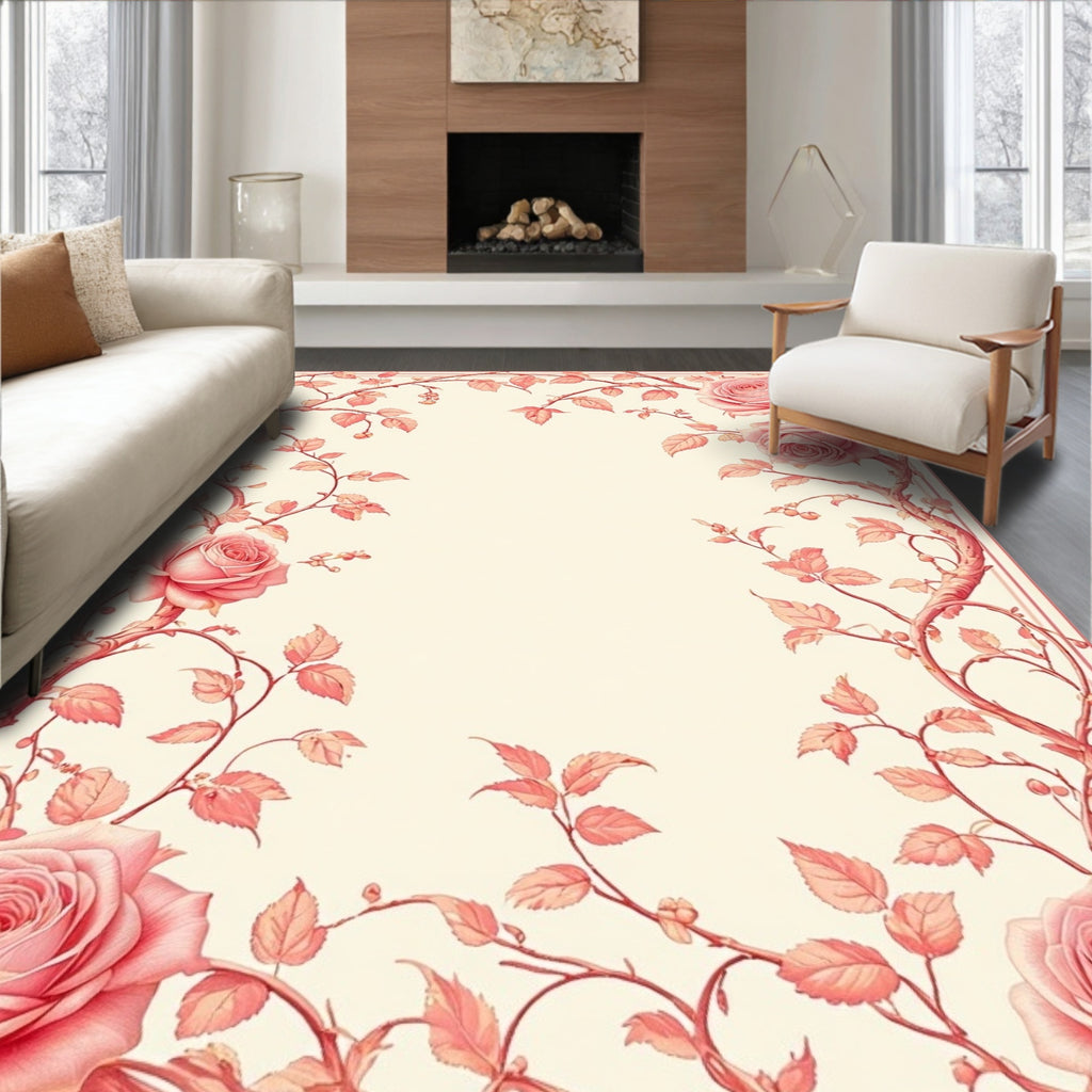 Classic Pink Rose Garden Pattern Rug