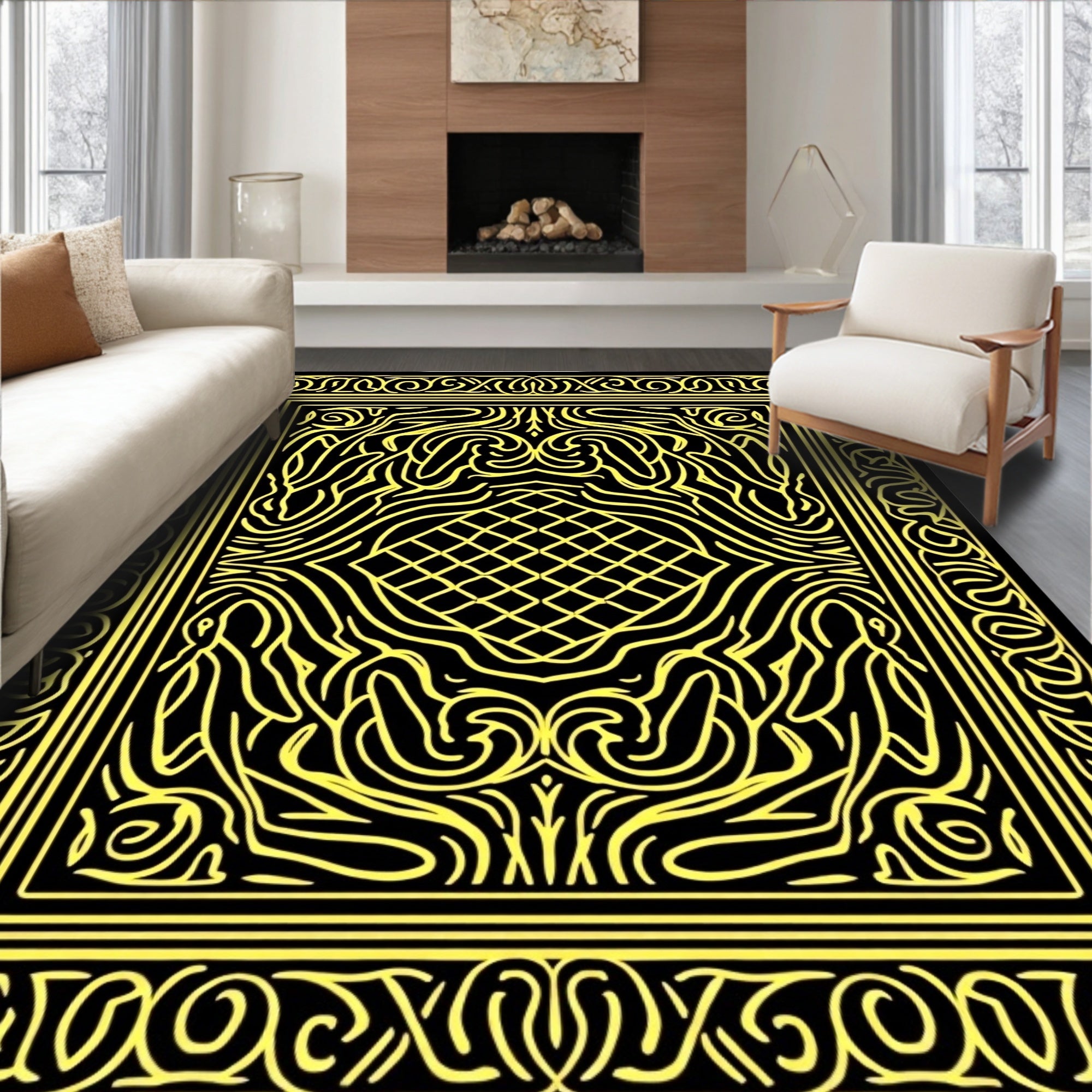Intricate Yellow Line Abstract Pattern Rug