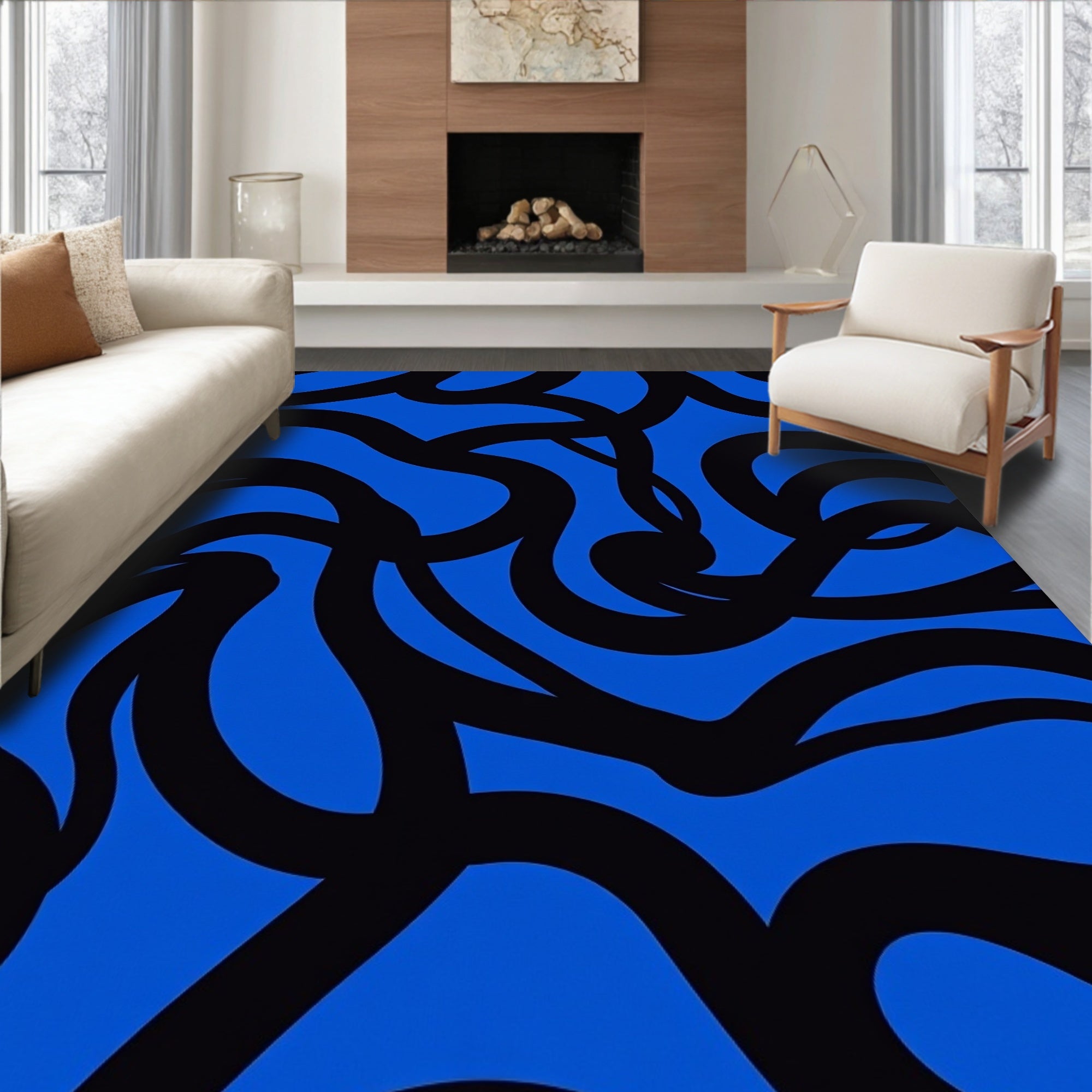 Bold Blue Black Swirl Abstraction Rug