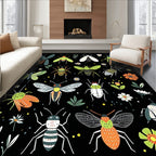 Whimsical Insect Pattern Black Background Rug