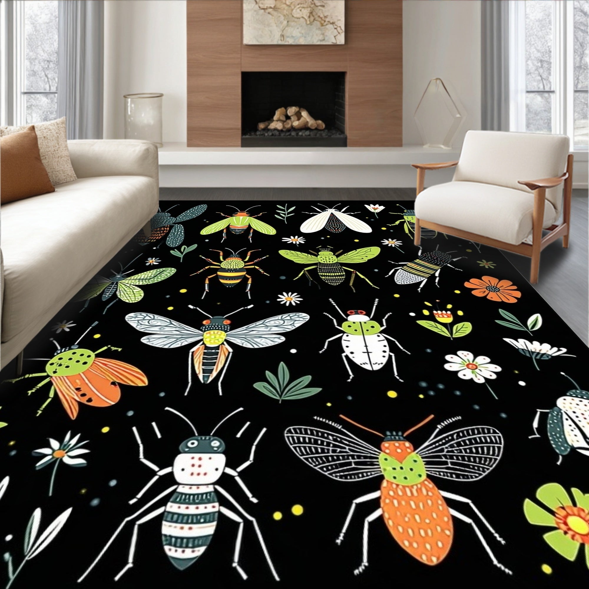 Whimsical Insect Pattern Black Background Rug